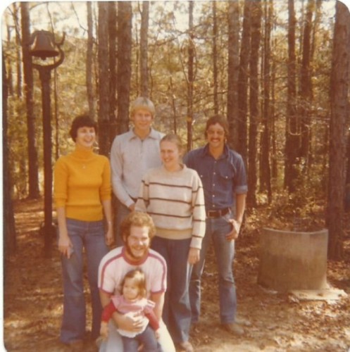 Voluntary Service members from Mashulaville at Pine Lake Nov. 18, 1979. Left to right: Jean Pletcher, Doug Jantzi holding Annie Mininger, Lee Martin, Karen Jantzi, Rich Schrock